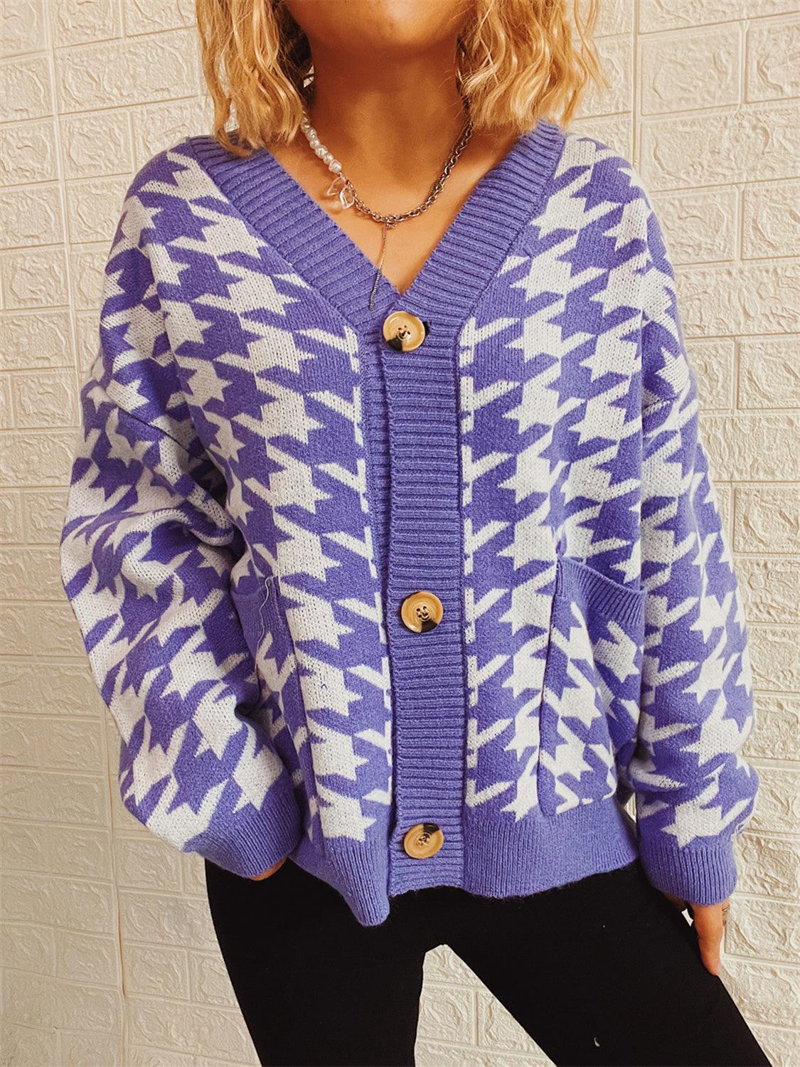 Houndstooth Botton Front Cardigan with Pockets