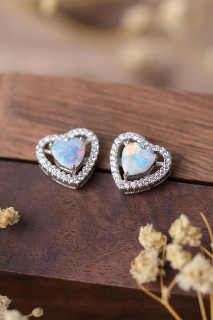 925 Sterling Silver Opal Heart Stud Earrings