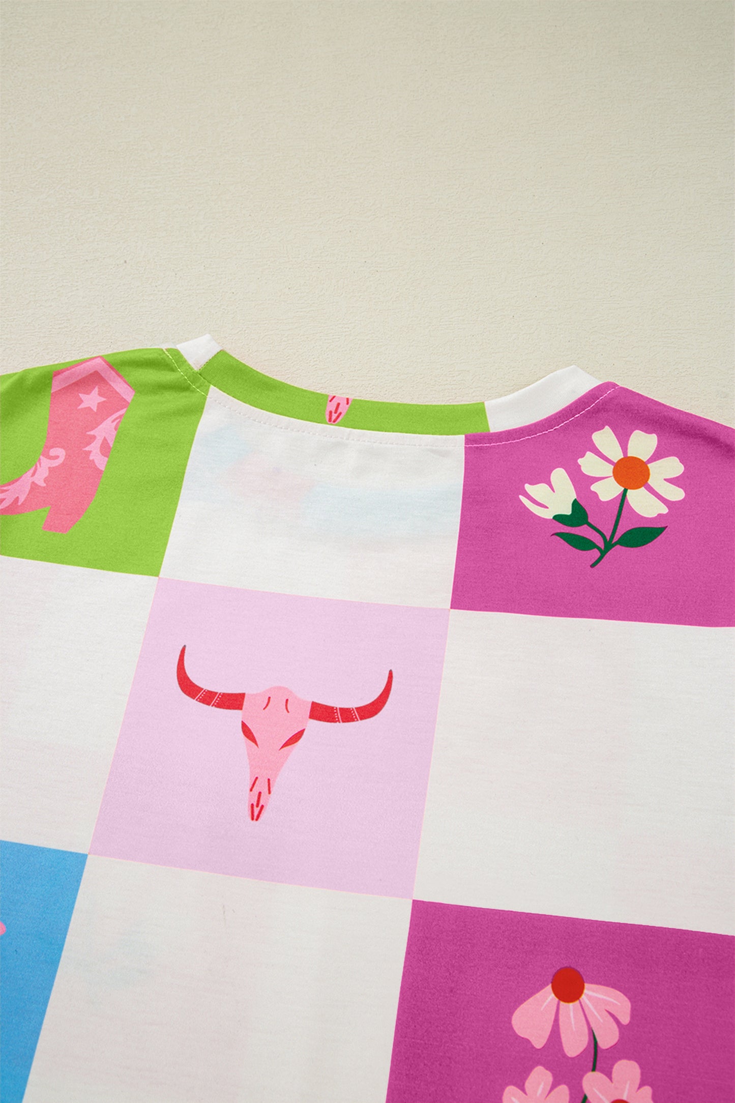 Purple Western Fashion Checker Print Crewneck T Shirt