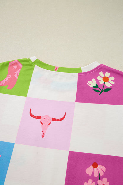 Purple Western Fashion Checker Print Crewneck T Shirt