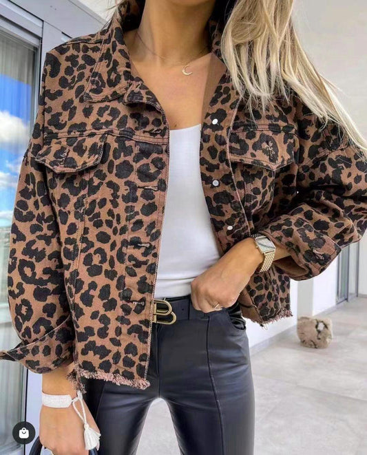 Leopard Raw Hem Denim Jacket Carauana Store