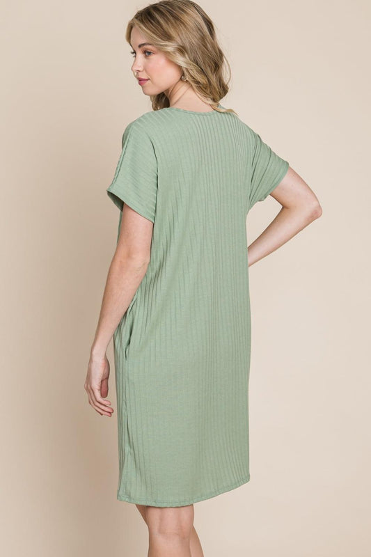 BOMBOM Ribbed Round Neck Short Sleeve Dress Carauana Store