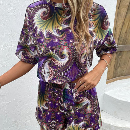 Printed Round Neck Dropped Shoulder Half Sleeve Top and Shorts Set