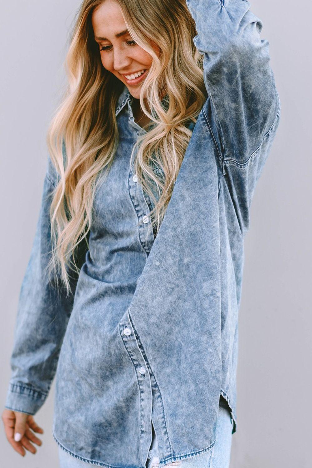 Button Up Dropped Shoulder Denim Top