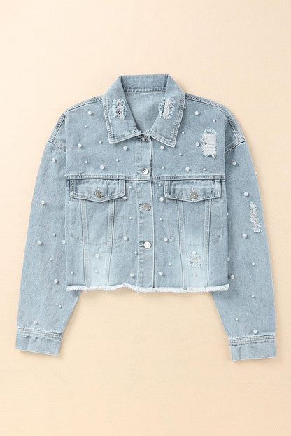 Distressed Pearl Trim Button Up Denim Jacket