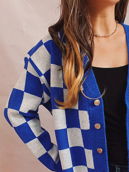 Checkered Open Front Button Up Cardigan