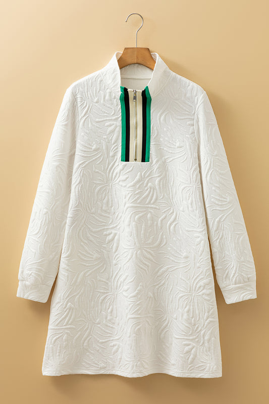 White Jacquard Textured Quarter Zipper Shift Mini Dress