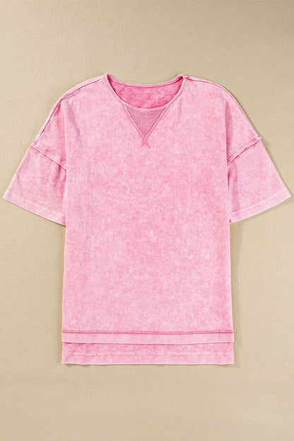 Strawberry Pink Mineral Wash Exposed Seam Drop Shoulder Oversized Tee CaRaUaNa Fashion