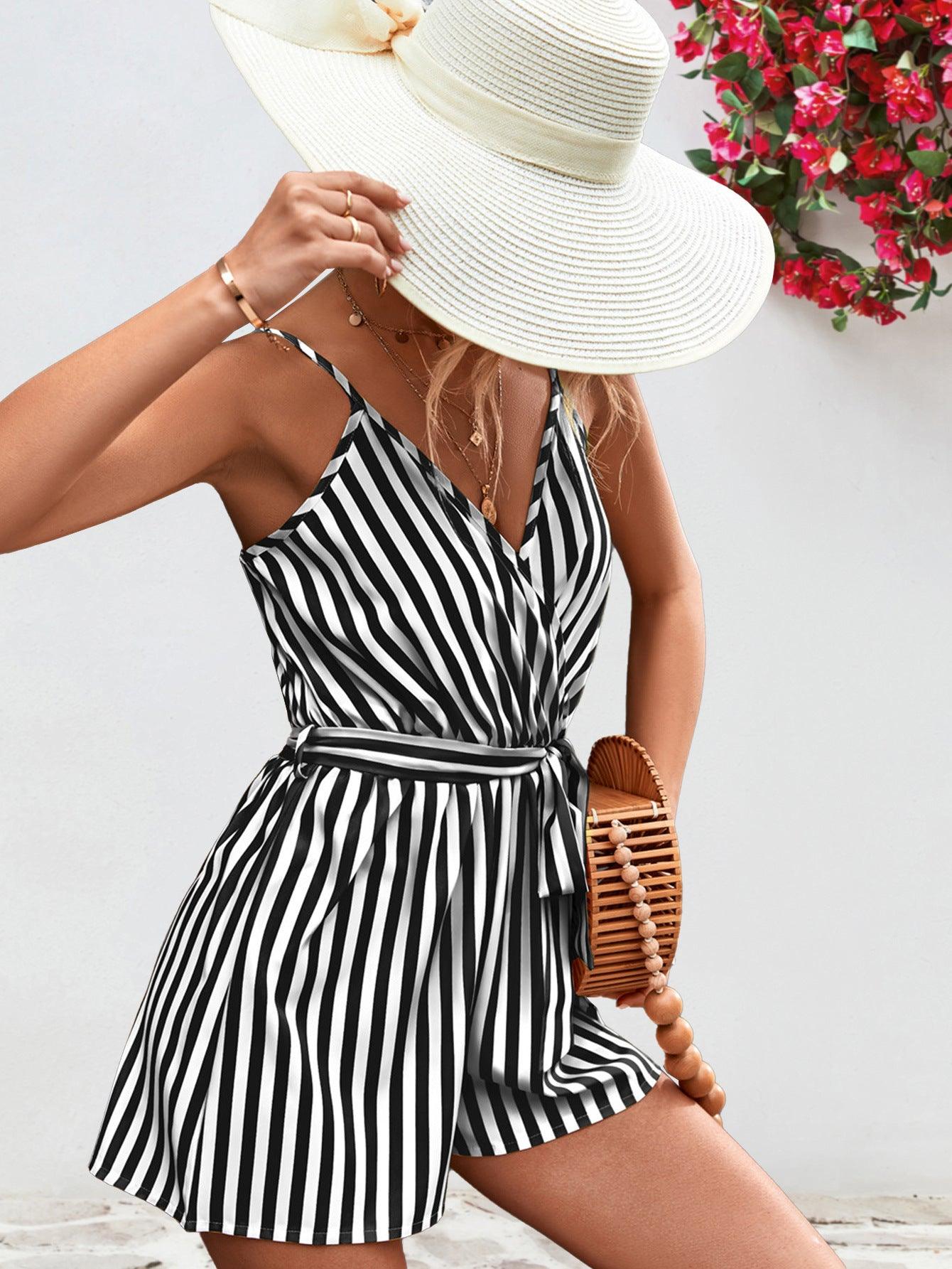 Striped Tie Waist Spaghetti Strap Romper