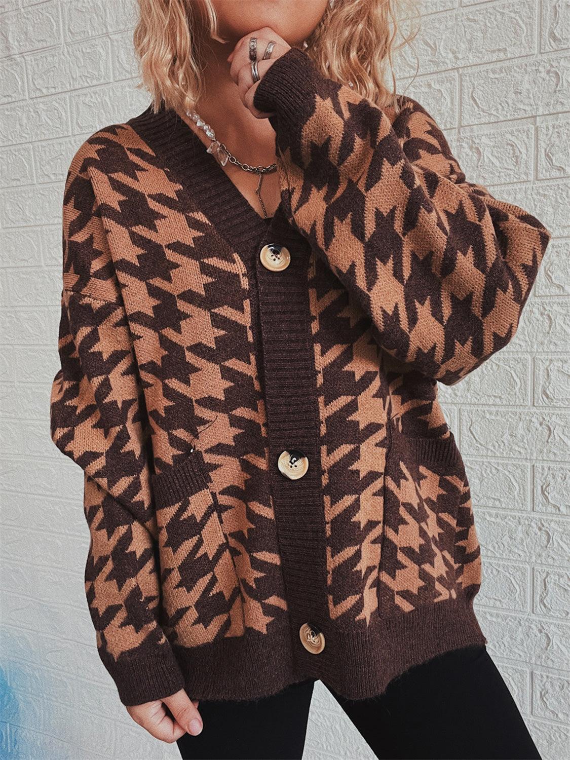 Houndstooth Botton Front Cardigan with Pockets