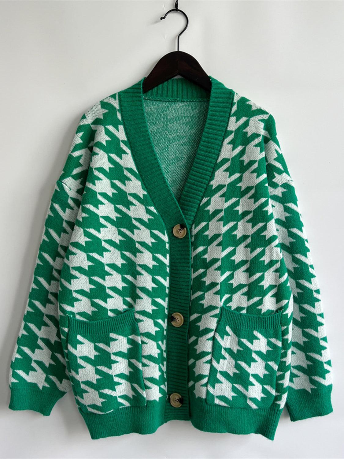 Houndstooth Botton Front Cardigan with Pockets