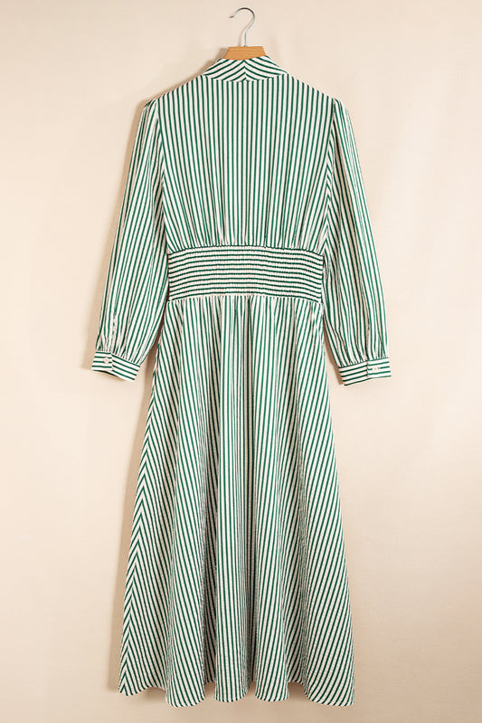Green Stripe V Neck Zip Front Cinched High Waist Midi Dress