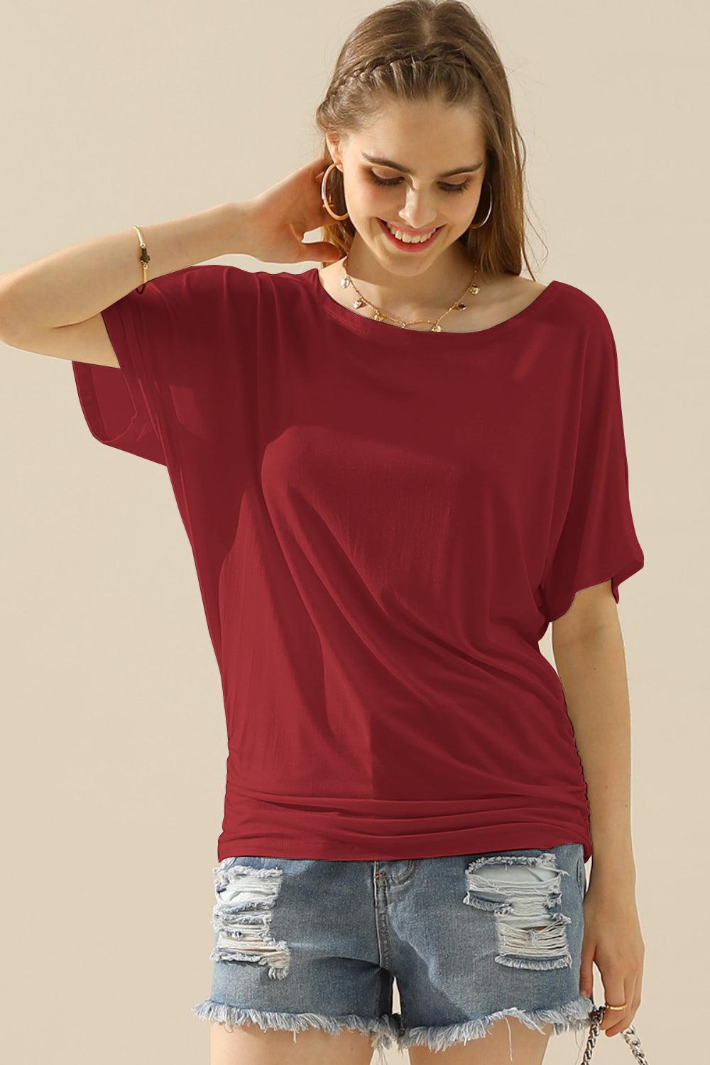 Ninexis Boat Neck Short Sleeve Ruched Side Top