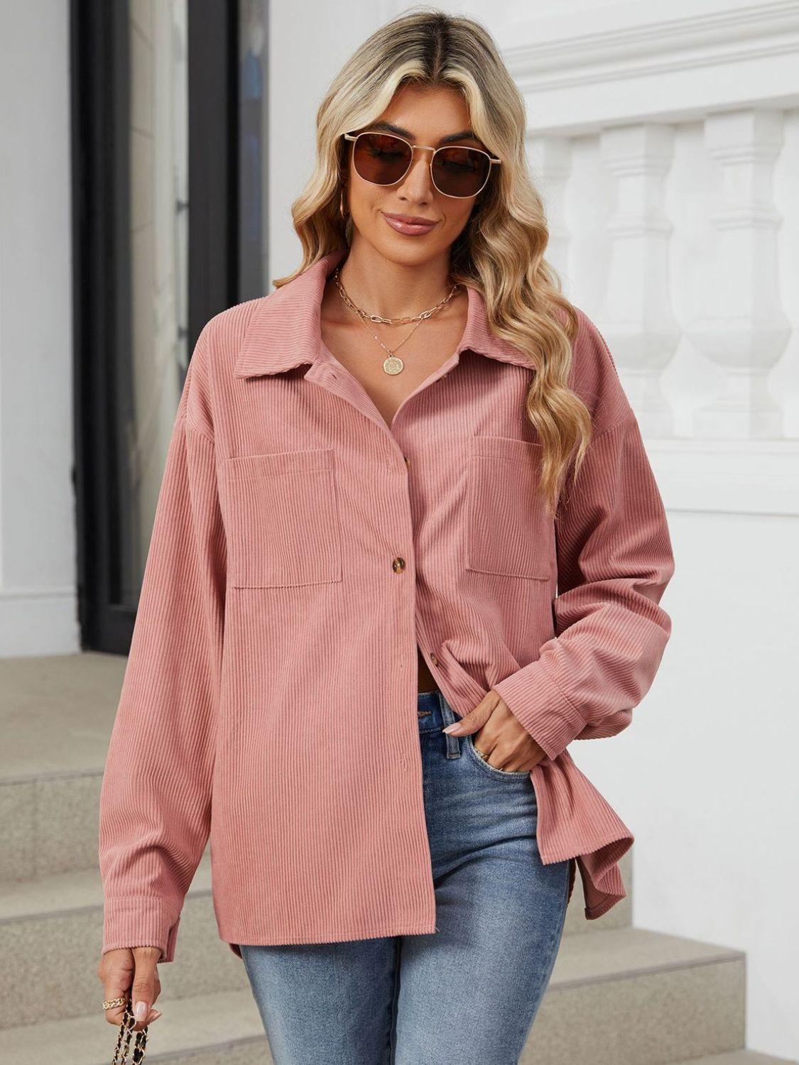 Button Up Dropped Shoulder Long Sleeve Outerwear CaRaUaNa Fashion