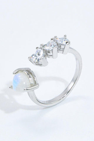 Natural Moonstone and Zircon Heart Open Ring