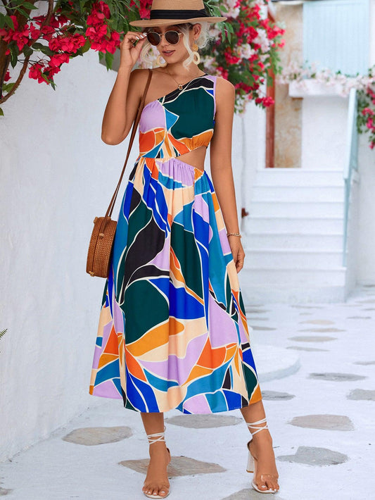 Printed Cutout One-Shoulder Sleeveless Dress Carauana Store