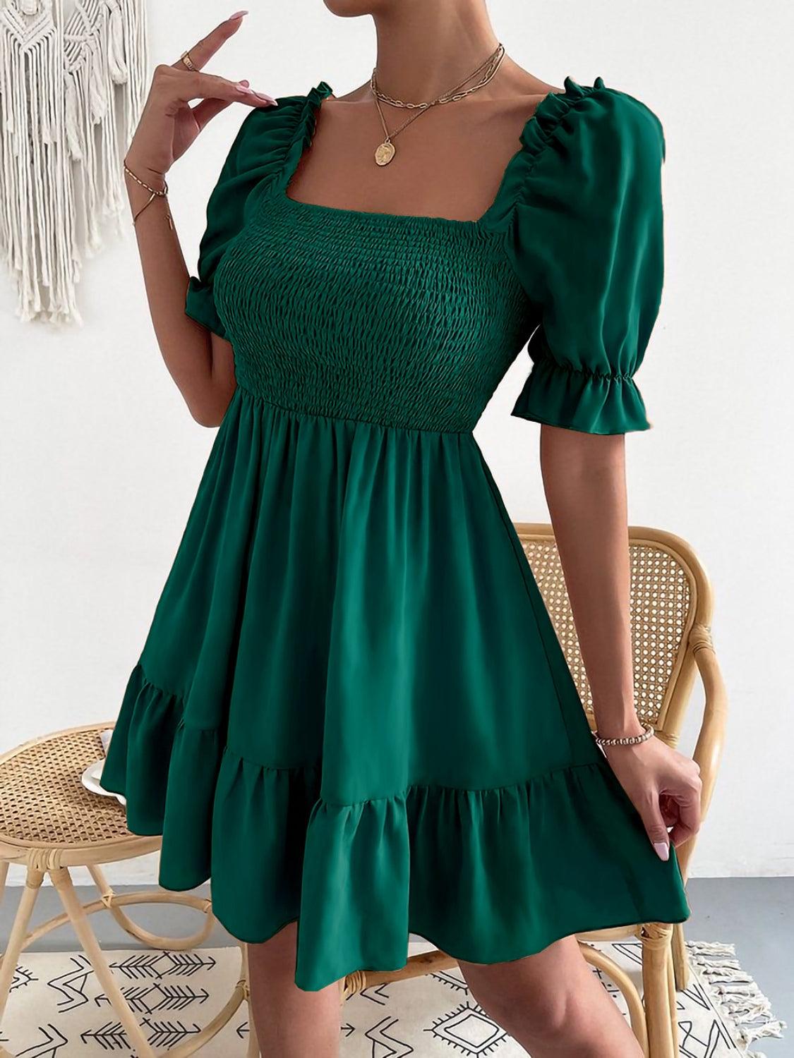 Smocked Square Neck Short Sleeve Dress