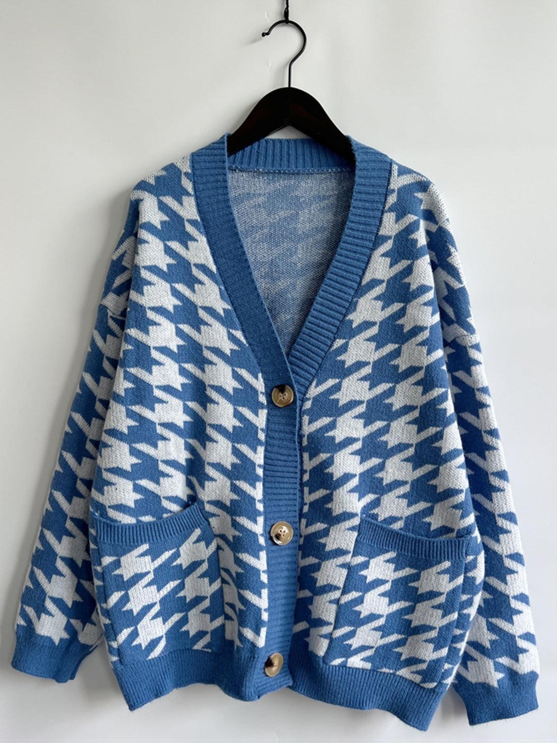 Houndstooth Botton Front Cardigan with Pockets