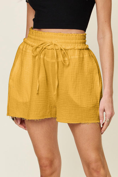 Double Take Full Size Texture Raw Trim Drawstring Shorts