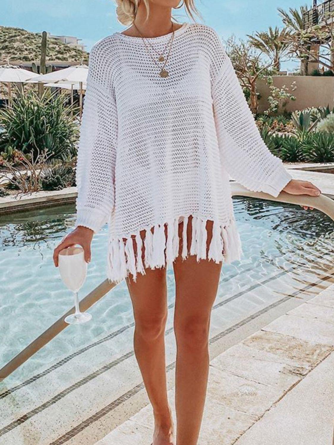 Double Take Openwork Tassel Hem Long Sleeve Knit Cover Up