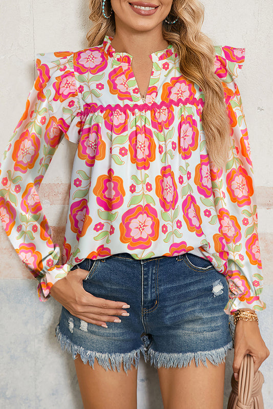 Rose Floral Printed Ruffled Long Sleeve Blouse