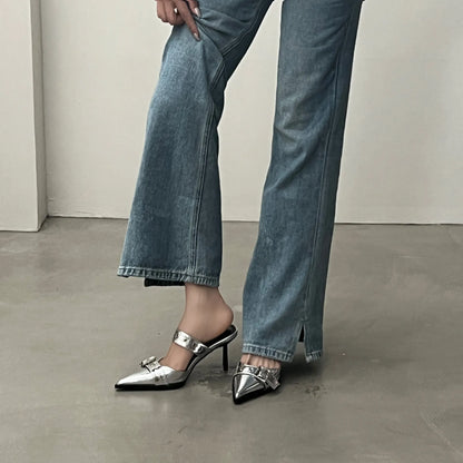 Point Toe Flare Heel Buckle Sandals Carauana Store