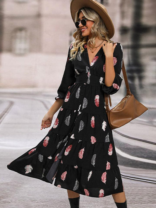Printed V-Neck Slit Dress Carauana Store