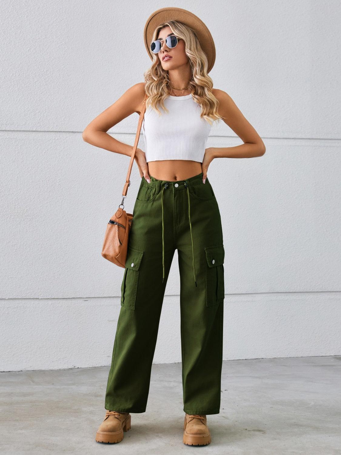 Drawstring Mid-Rise Waist Straight Cargo Jeans