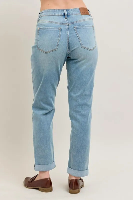 Judy Blue Full Size V-Front Cuff Boyfriend Jeans Plus Size