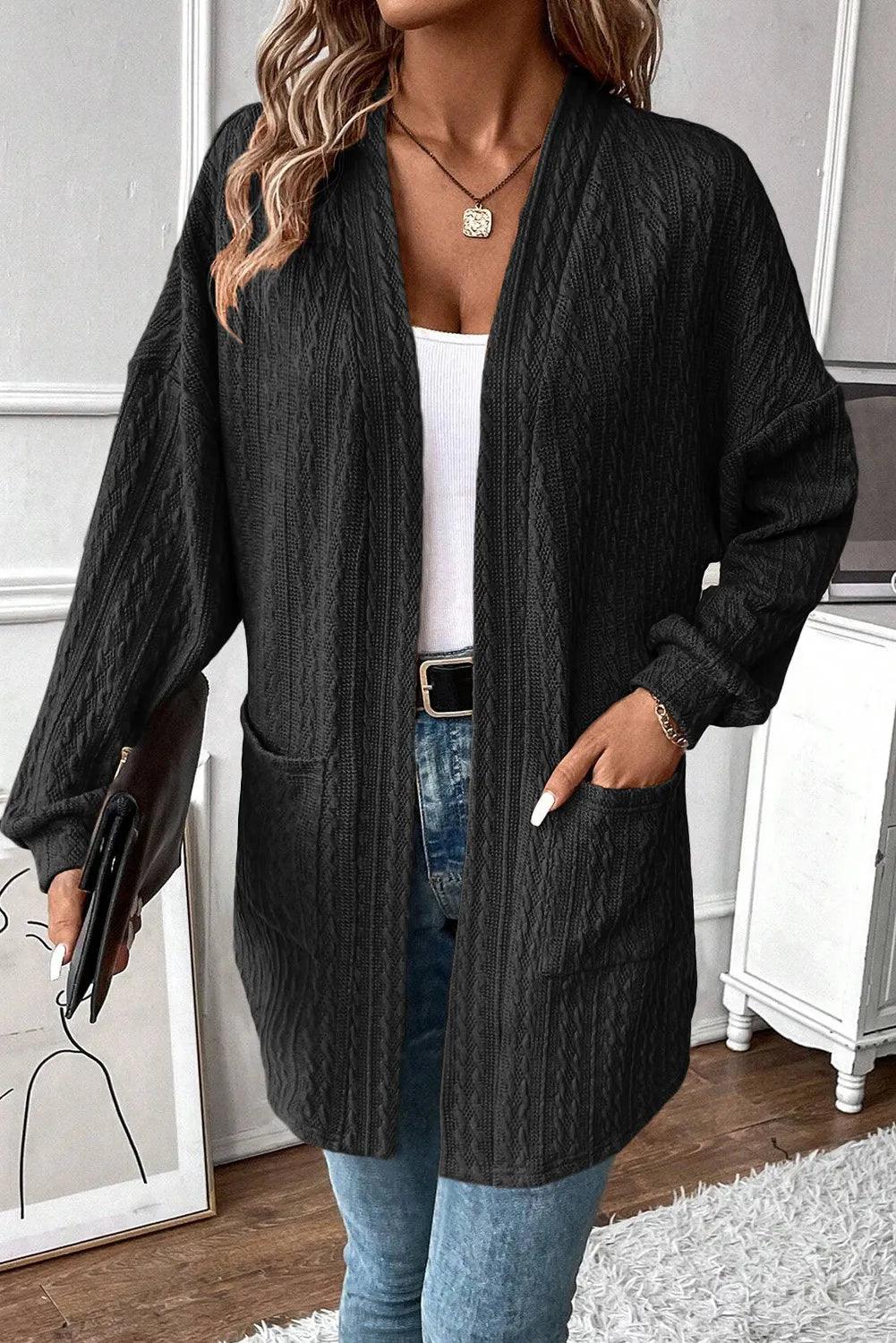 Textured Pocketed Open Front Long Sleeve Cover Up