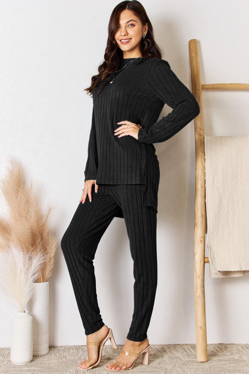 Basic Bae Full Size Ribbed Round Neck High-Low Slit Top and Pants Set CaRaUaNa Fashion