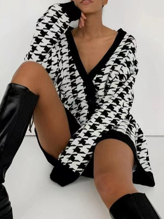 Houndstooth Button Up Long Sleeve Cardigan Carauana Store