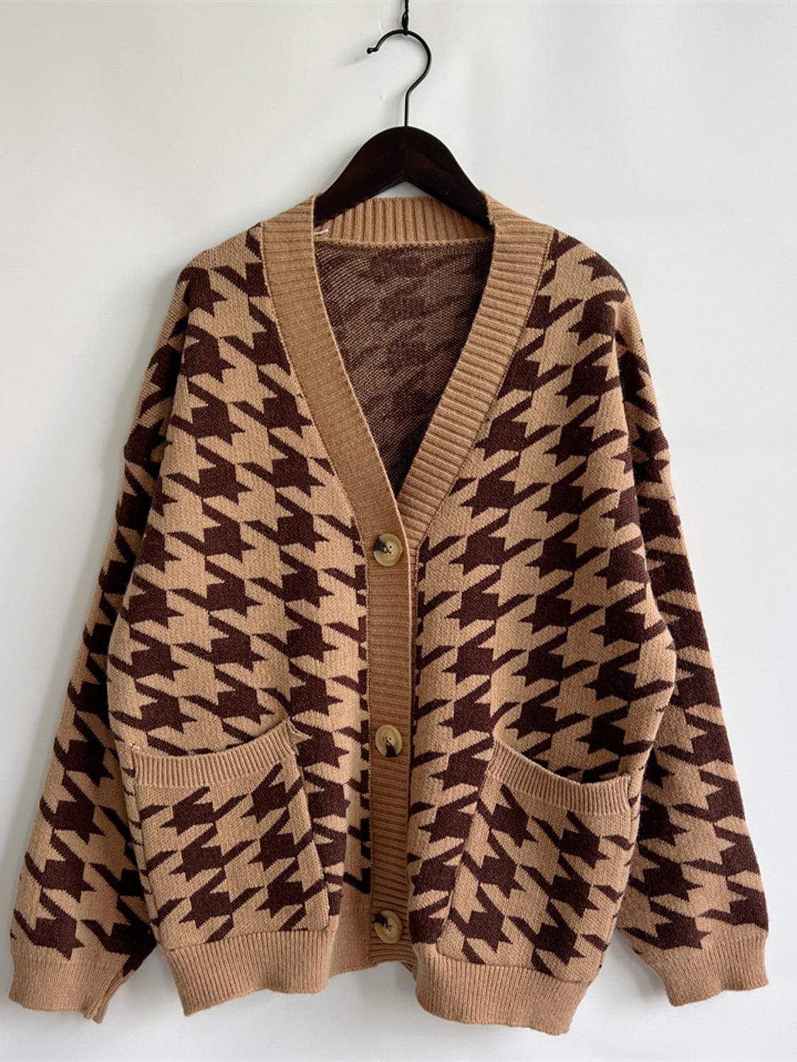 Houndstooth Botton Front Cardigan with Pockets