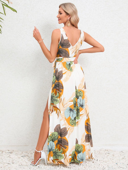 Slit Tied Printed Surplice Dress