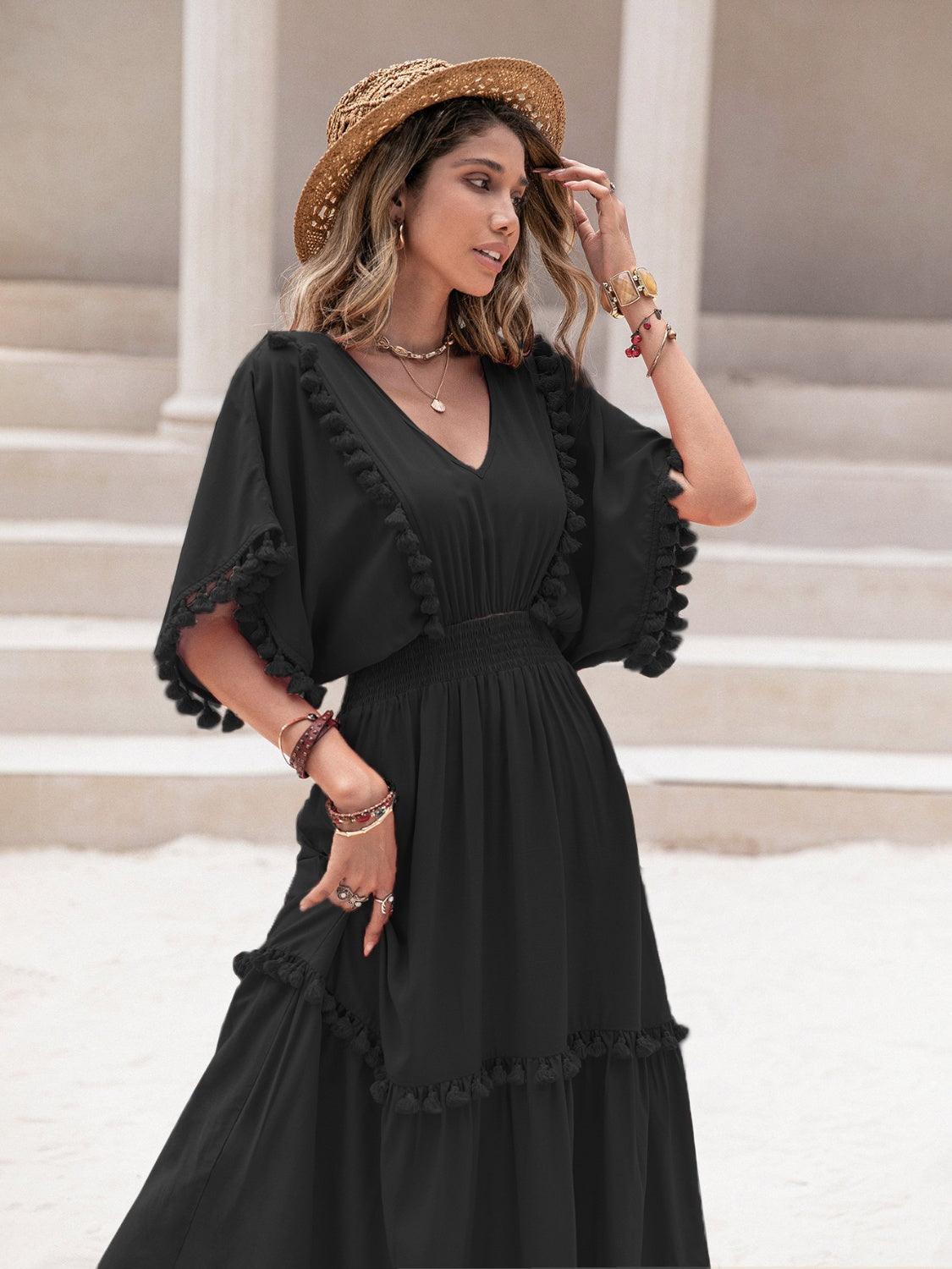 Tassel Trim Smocked V-Neck Short Sleeve Dress CaRaUaNa Fashion