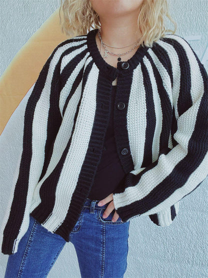 Contrast Stripes Button Down Long Sleeve Cardigan