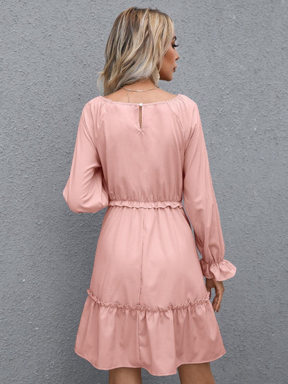 Frill V-Neck Flounce Sleeve Ruffle Hem Dress