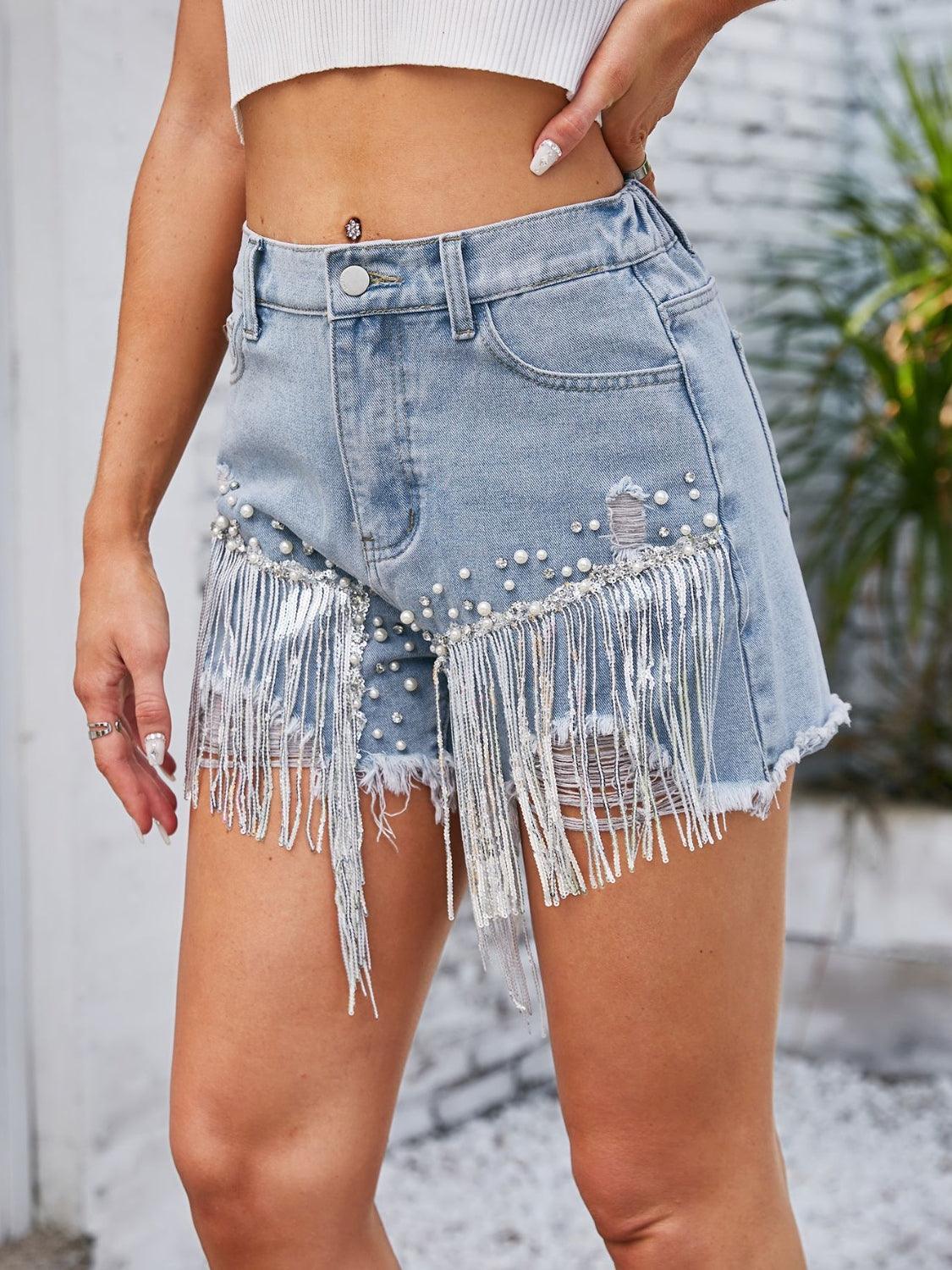 Distressed Pearl Trim Denim Shorts with Pockets