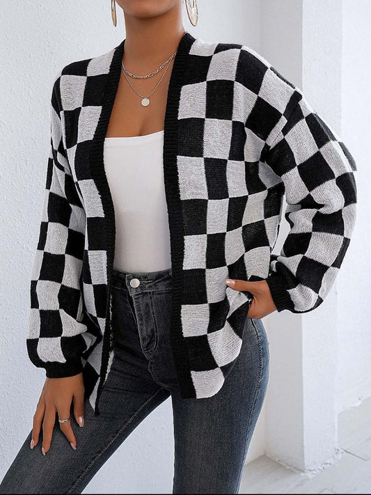 Checkered Open Front Long Sleeve Cardigan Carauana Store
