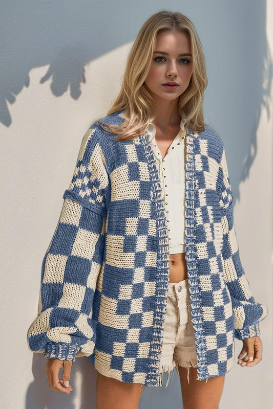 Double Take Full Size Open Front Checkered Drop Shoulder Cardigan Carauana Store