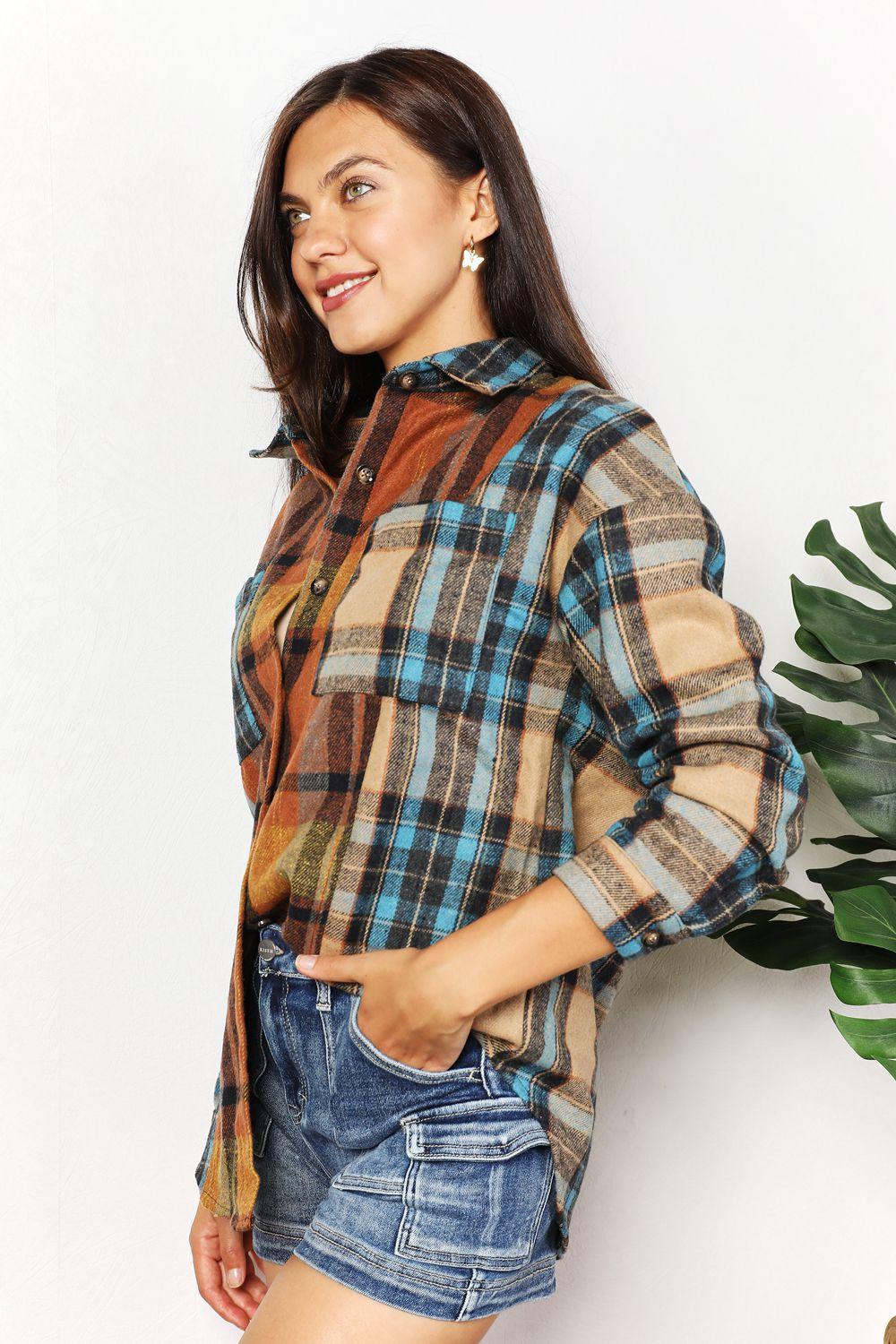 Double Take Plaid Curved Hem Shirt Jacket with Breast Pockets