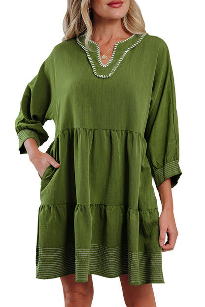 Jungle Green Contrast Stitched V Neck 3/4 Sleeve Tiered Mini Dress