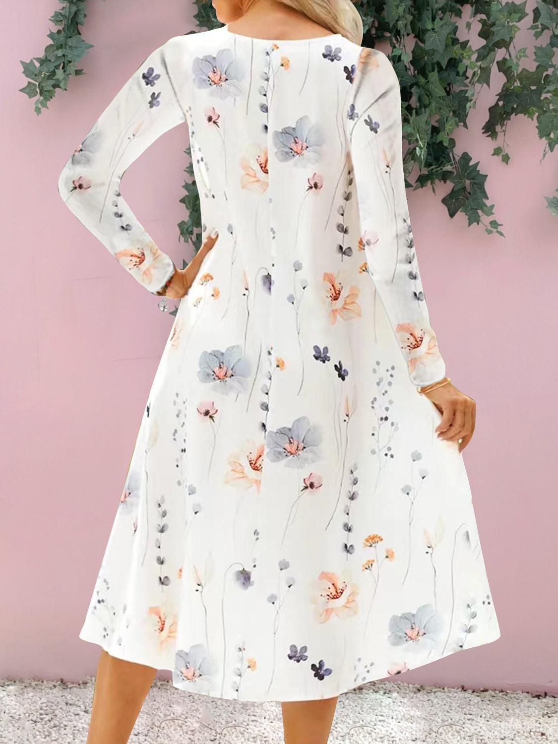 Floral Notched Long Sleeve Midi Dress