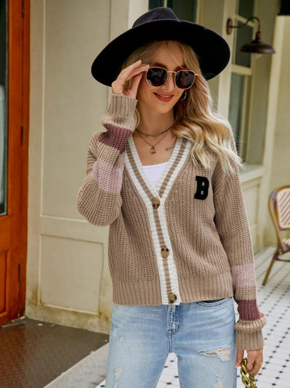 Contrast Button Up Dropped Shoulder Cardigan