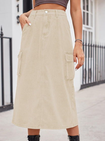 Slit Buttoned Denim Skirt with Pockets