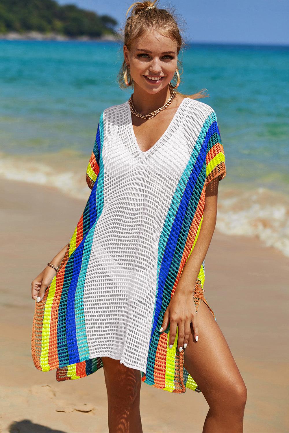 Double Take Openwork Striped Slit Knit Cover Up