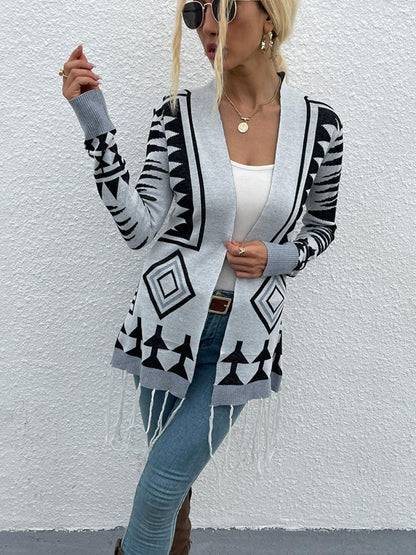 Shiny Geometric Fringe Hem Open Front Cardigan