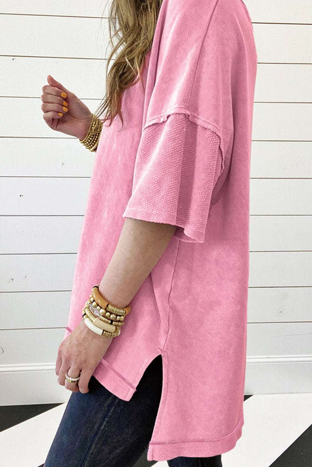 Strawberry Pink Mineral Wash Exposed Seam Drop Shoulder Oversized Tee CaRaUaNa Fashion