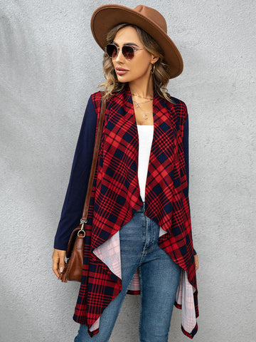 Shiny Plaid Open Front Cardigan