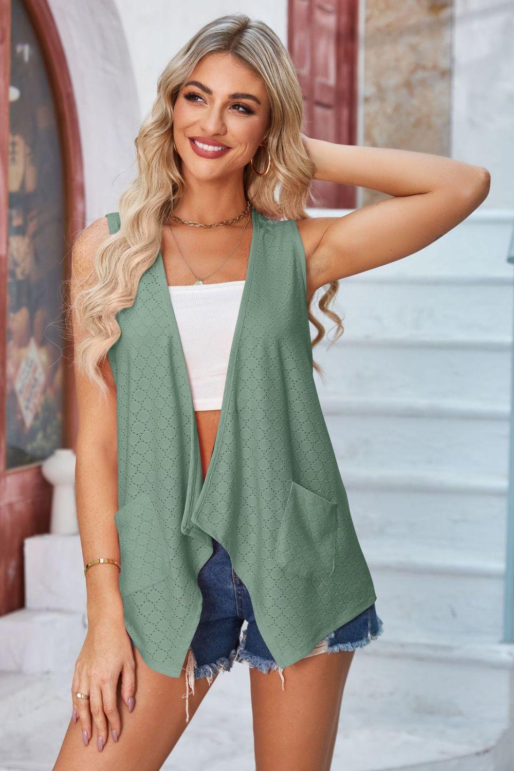 Eyelet Open Front Sleeveless Cardigan